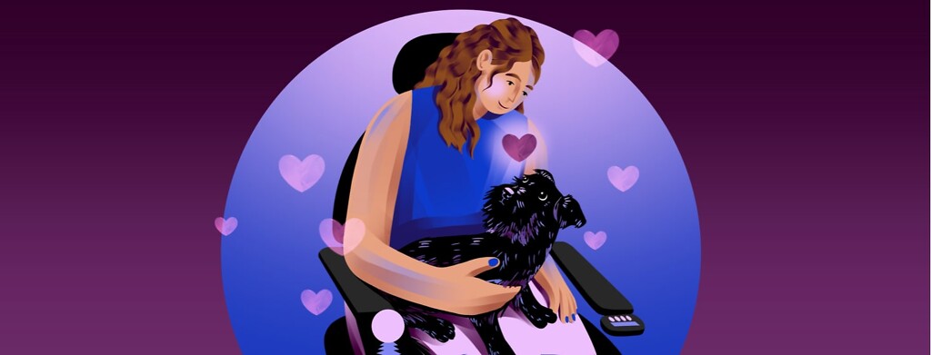 alt=a woman in a motorized wheelchair smiles at the small black dog in her lap.