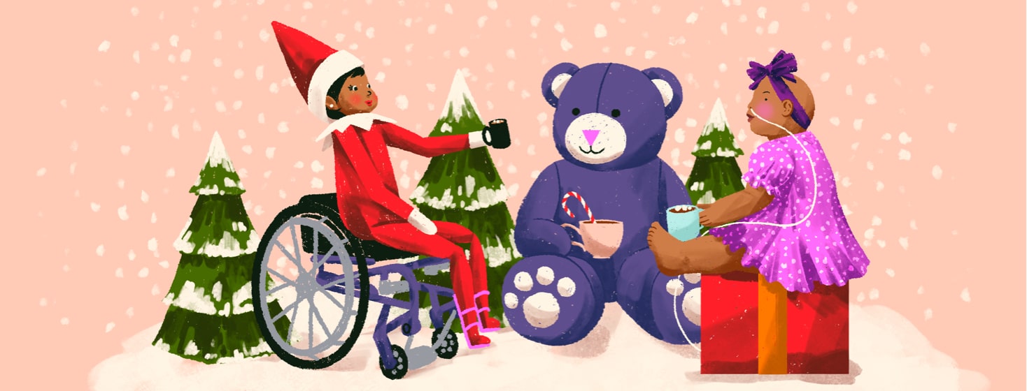 alt=an Elf on the Shelf in a wheelchair shares a wintry drink with a teddy bear and babydoll.