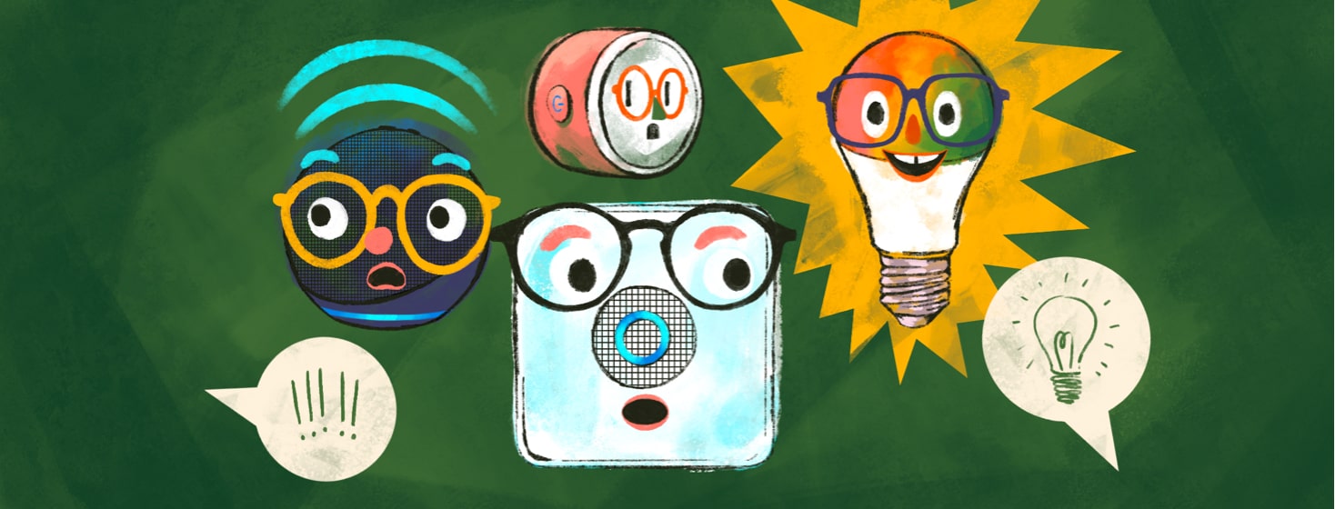 alt=smart devices with glasses and eyes respond to speech bubbles