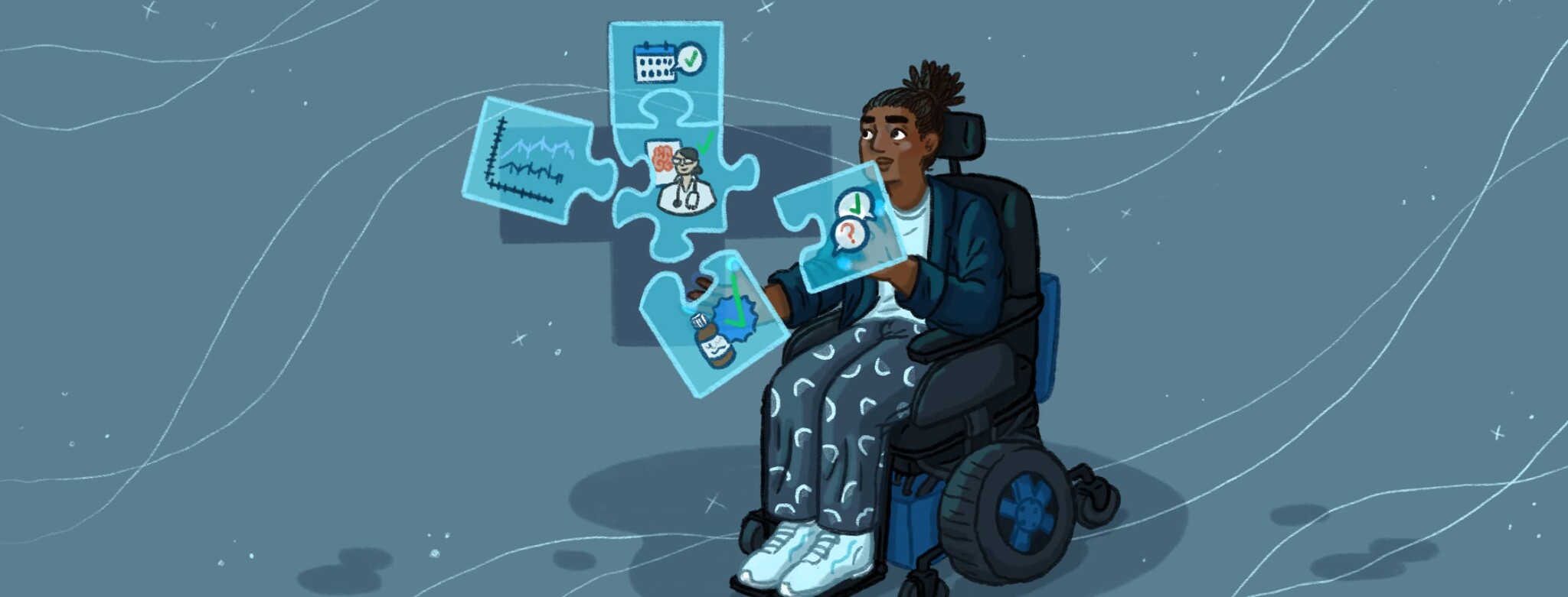 A person in an automatic wheelchair pieces together 5 puzzle pieces into the shape of a healthcare symbol, each piece has a step of the treatment process on it