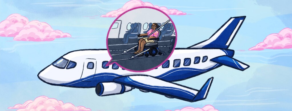 An airplane flying in a blue sky with pink clouds, a call out bubble showing a person in an automatic wheelchair seated inside with wheelchair tie-down straps holding them in place, passengers in airplane seats around them