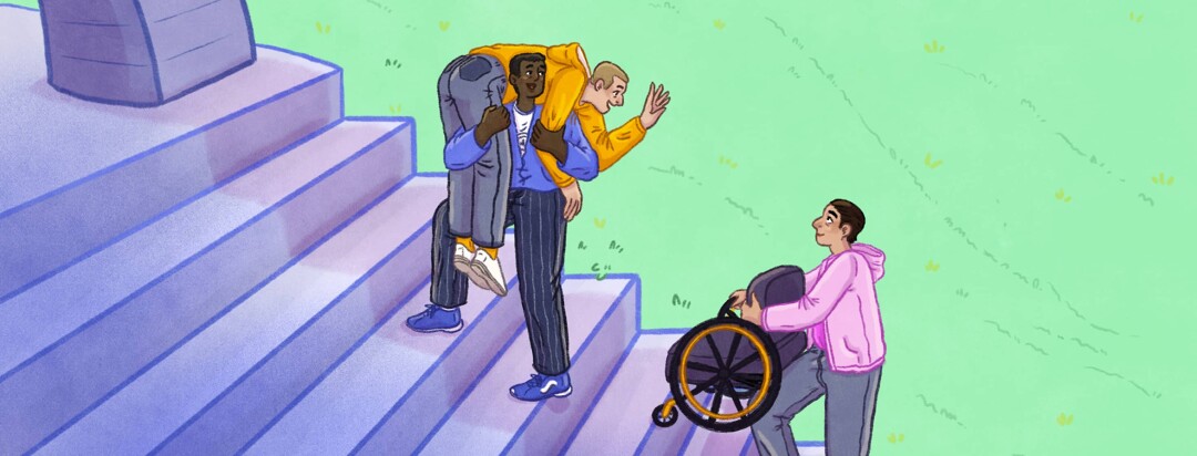 a man is being carried up stairs in a fireman hold while he waves to another friend behind him carrying his wheelchair up the steps
