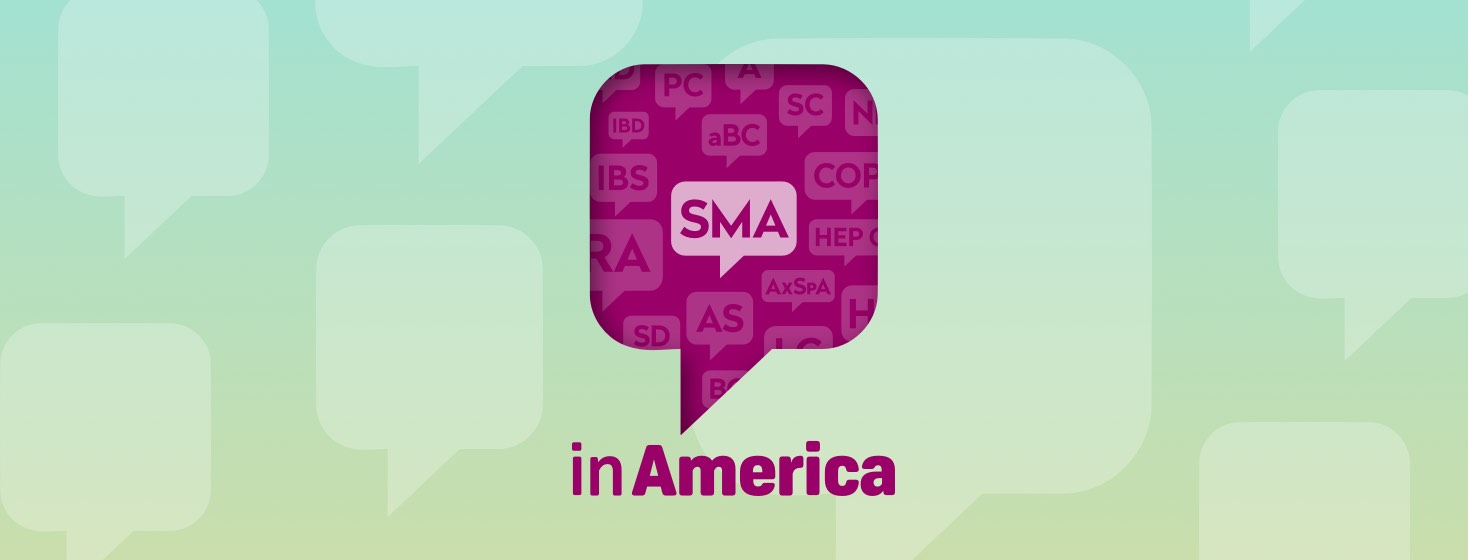 A speech bubble highlighting the SMA logo above the words In America, surrounded by a fainter word cloud of logos for other Health Union websites.