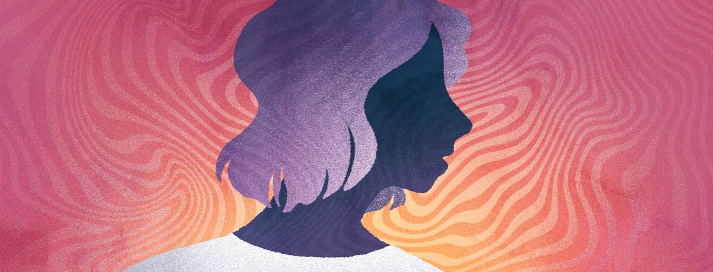 a silhouette of a woman's profile, mouth slightly open, wavy lines of fear and anxiety overlay and surround her