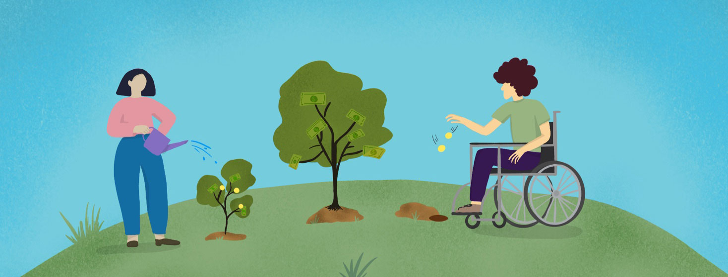 Man in wheelchair dropping coins into a hole while a woman is watering money plant.
