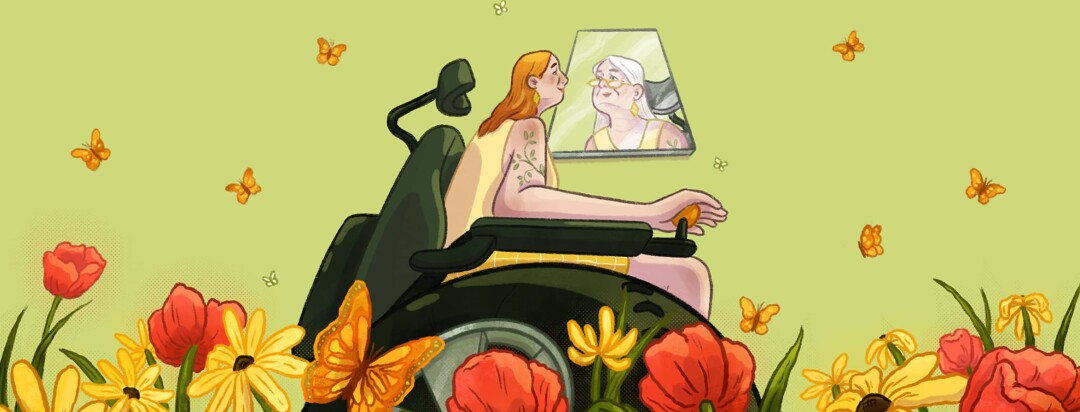An adult redheaded woman in a powered wheelchair looks in a mirror at herself with wrinkles and white hair, flowers and butterflies are around her and in the foreground