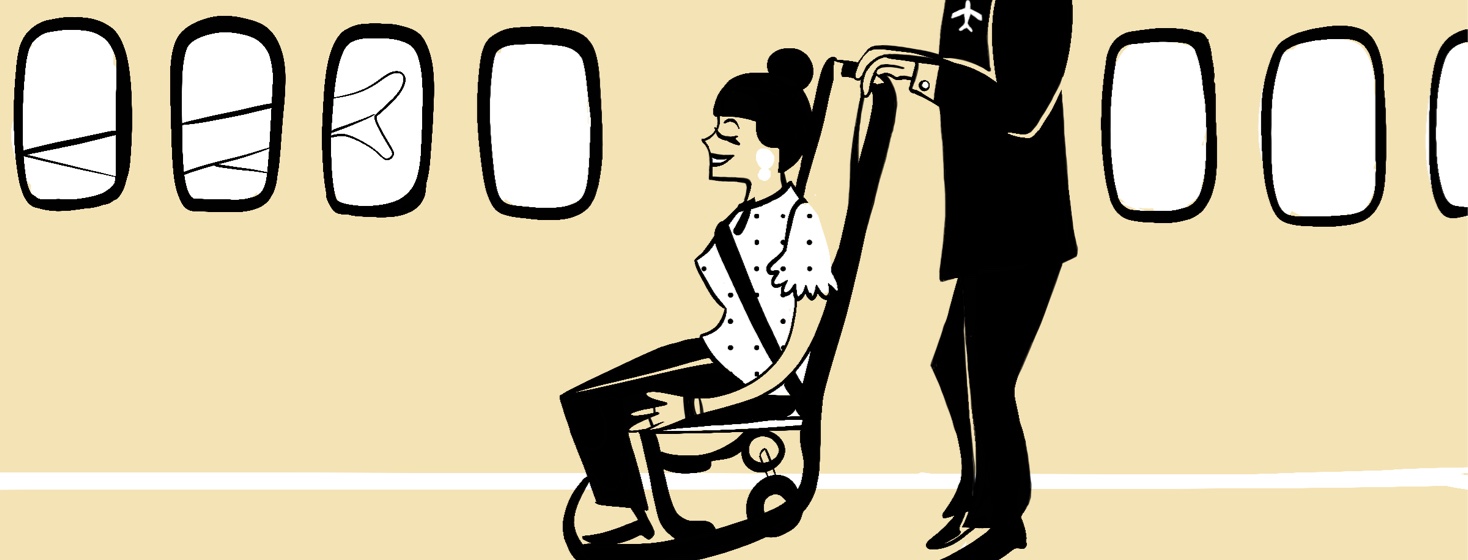 A woman is escorted on an airplane by a male travel agent in an aisle chair.