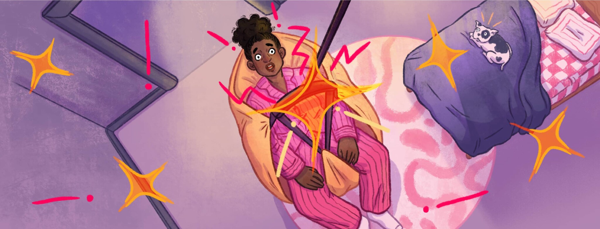A woman viewed from a bird's eye view is in her ceiling lift above her bedroom, she looks shocked and startled as she looks at the sound, visualized by jagged lines and stars, coming from it, in the room below her is a door way and an unmade bed with a dog on it who also looks up at the lift and noise, startled