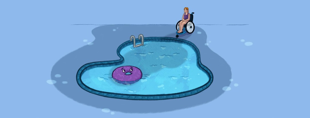 A girl in a wheelchair sits looking at a pool with a purple tube with a concerned face on it floating in the water, she casts long dark shadow over the pool
