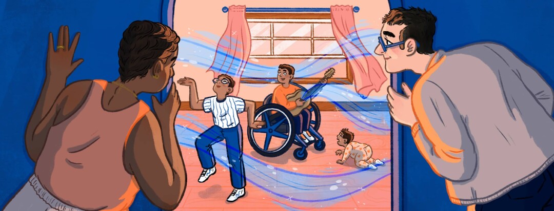 A female and male, parents, look through a doorway at their children, a boy in a wheelchair plays guitar as his siblings listen and dance and music swirls around them