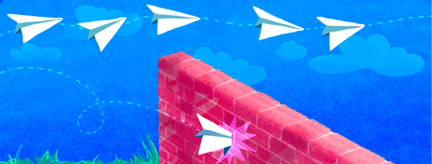 A paper airplane smashes into a brick wall as multiple paper airplanes float effortlessly over the wall.