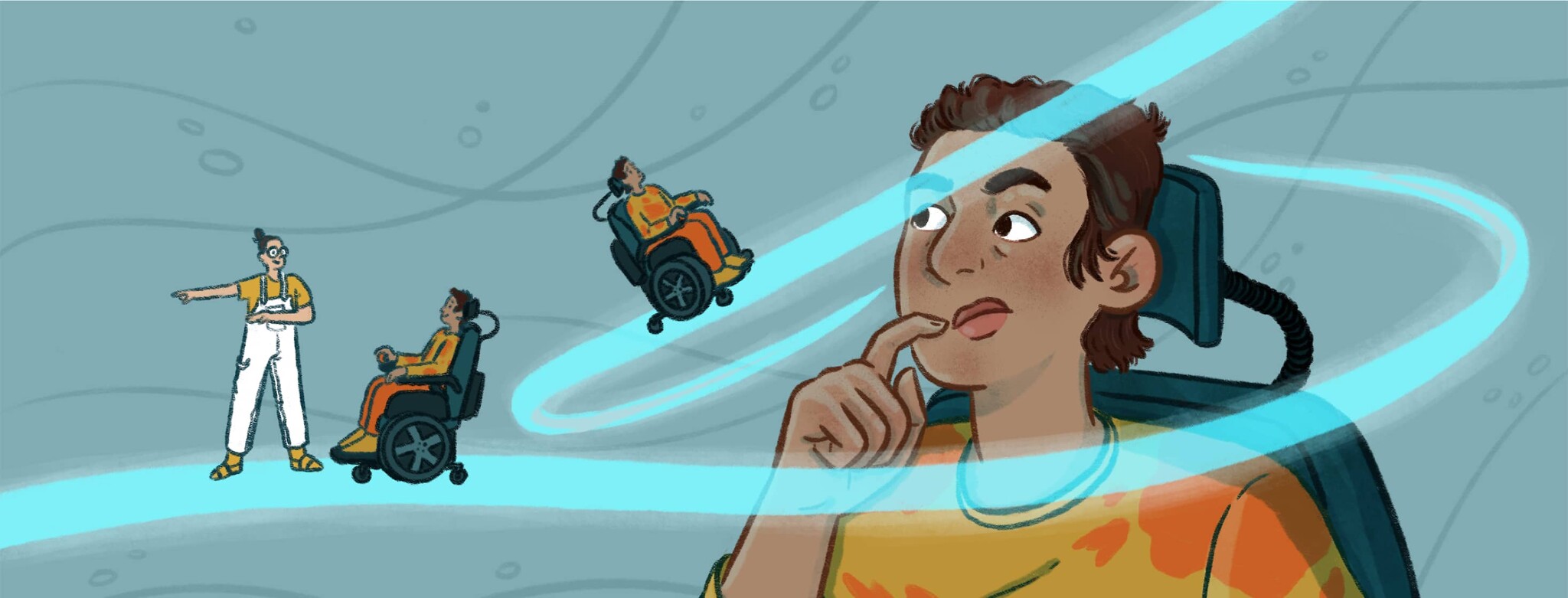 A man thoughtfully observes two imaginary paths circling around him, in one he is alone in his powered wheelchair slowly moving uphill, in the other he is much farther down an even straight path and is being led by another person who helpfully points in the right direction