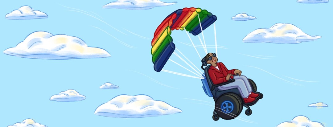 A man in a powered wheelchair floats through the sky and has a parachute coming out of a backpack on the back of his chair