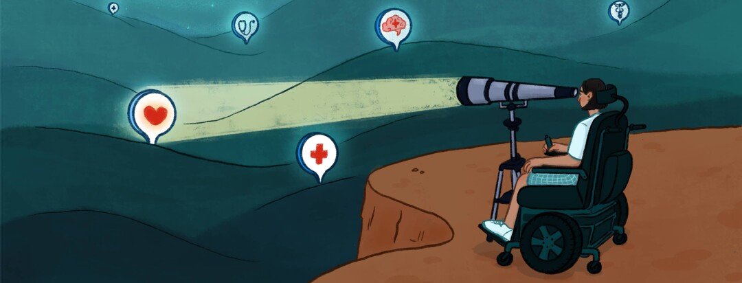 A woman in a manual wheelchair looks in a telescope over a landscape with doctors office symbols as a beam of light from the telescope focuses on one with a heart symbol