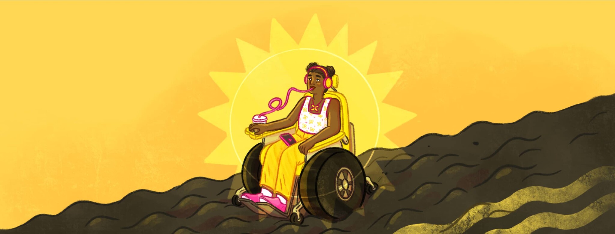 A woman in a powered wheelchair is rolling over a bumpy road and drinking through a crazy straw as she listens to music