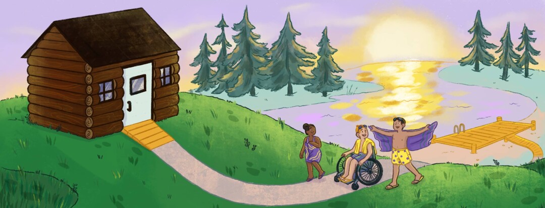 Three children, one in a wheelchair, head towards a camping cabin from a lake behind them