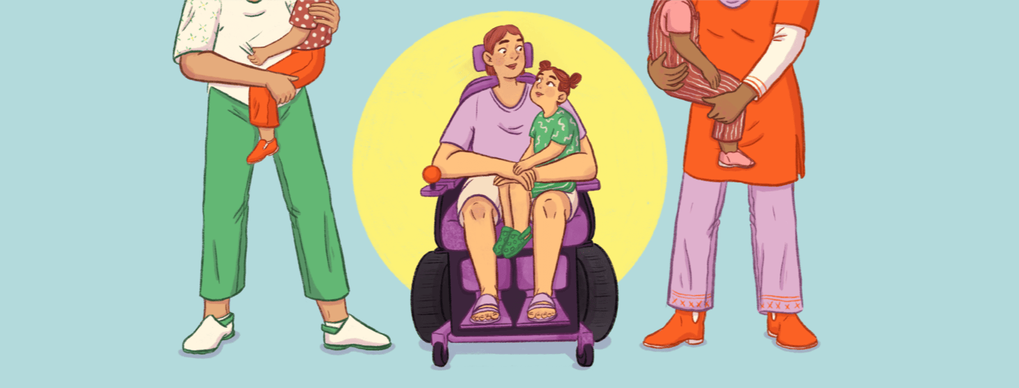 A mother in a manual wheelchair is in the center of the image and has a child on her lap, two mothers holding children stand on either side of her