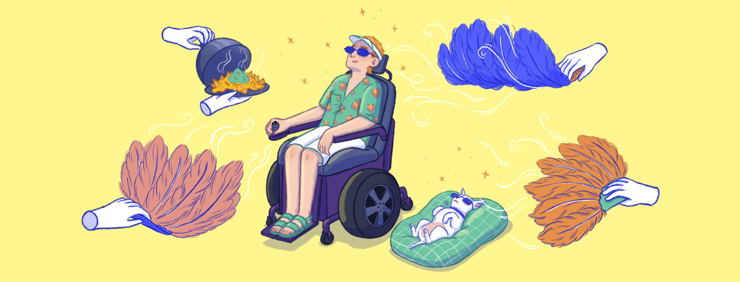 A man in a powered wheelchair is relaxing and being fanned by Vegas showgirl feather fans and offered a plate of nachos while his dog wearing sunglasses lays in a bed next to him