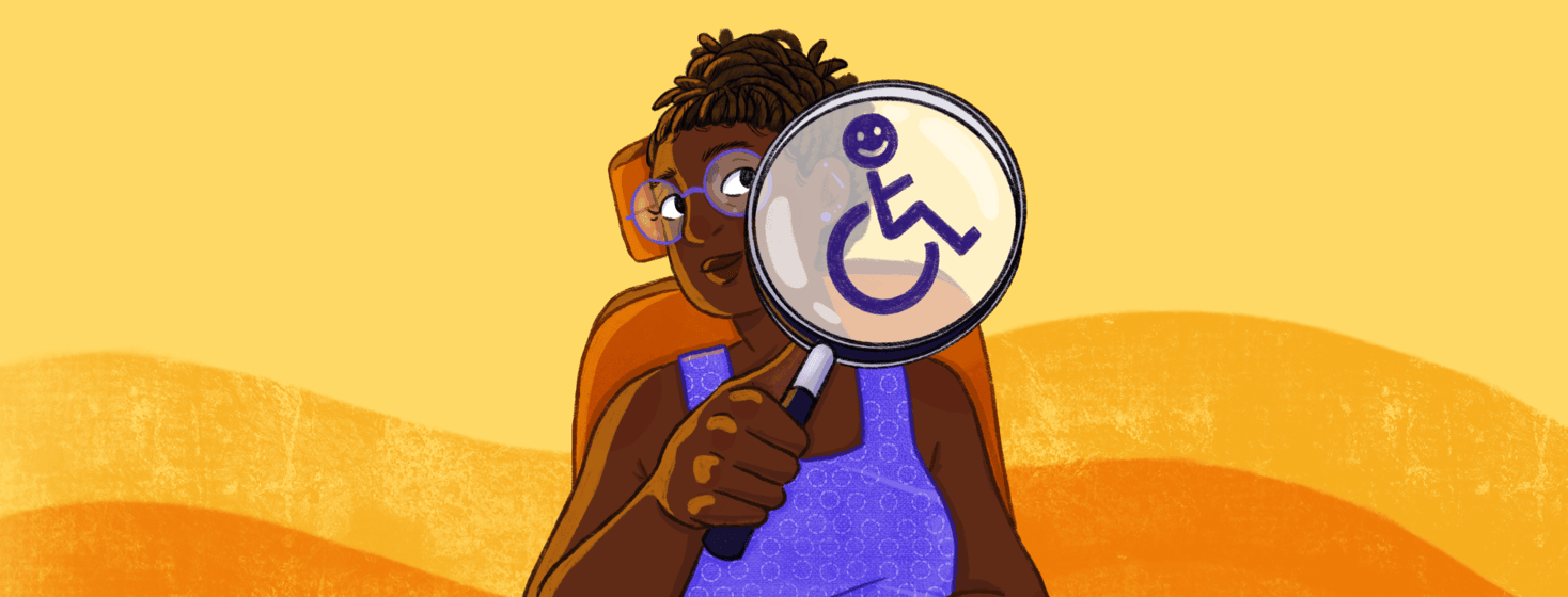 A woman in a wheelchair looks through a looking glass with a smiling disabled symbol on it