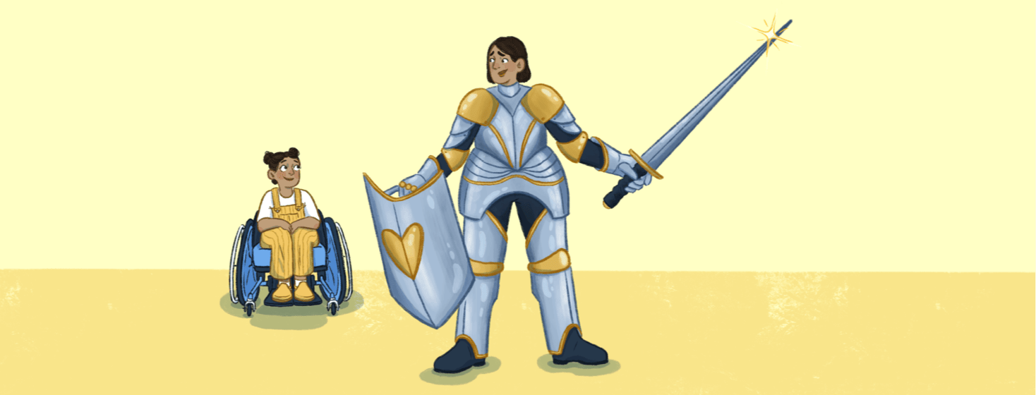 A mom in armor holds a shield and a sword and stands in front of her child in a wheelchair