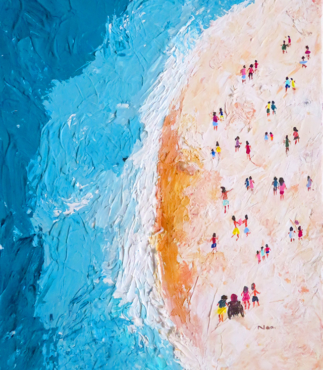 Ainaa beach painting. Bird's eye view of a shoreline.