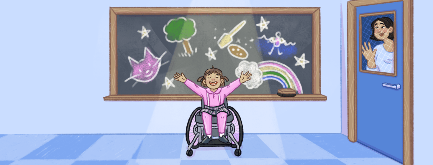 A child in a wheelchair is in front of a chalkboard with their hands outstretched as they share their interests, a mom is in the classroom door looking on