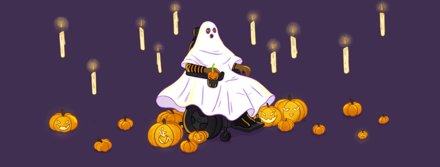 A person in a wheelchair wearing a ghost costume is surrounded by pumpkins and jack-o-lanterns and floating candles