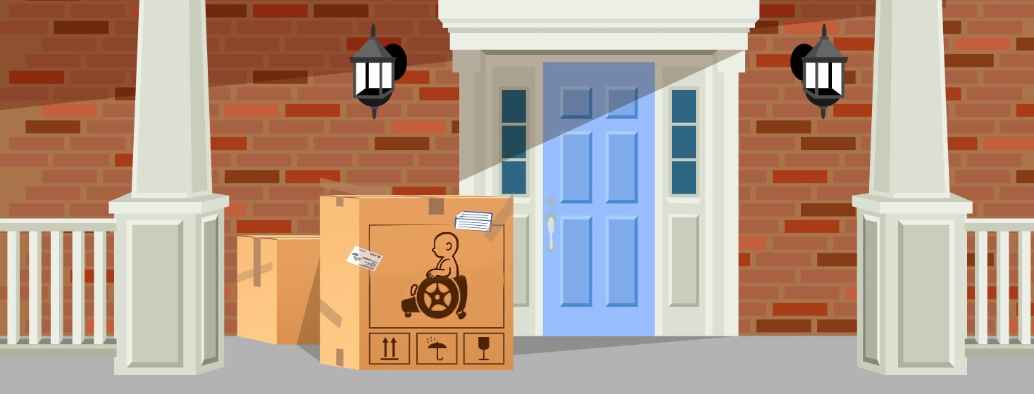 a front porch with a giant cardboard box delivery package that has a mobility device wheelchair illustration on the box