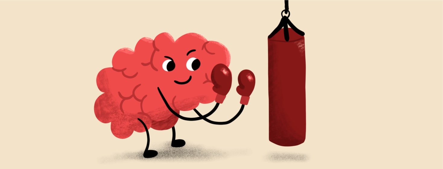 A brain punching a punching bag with boxing gloves, mental health