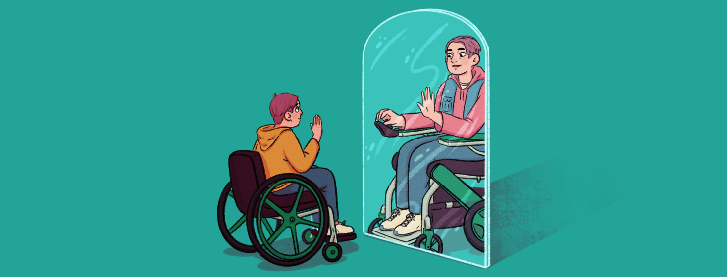 A young person in a manual wheelchair looks into a mirror and waves, the reflection is them as a teenager in a powered wheelchair waving back