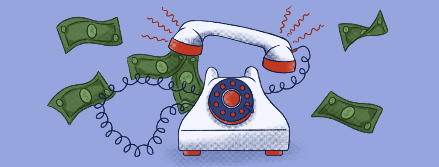 A red white and blue telephone is ringing off the hook as money flies out of the receiver
