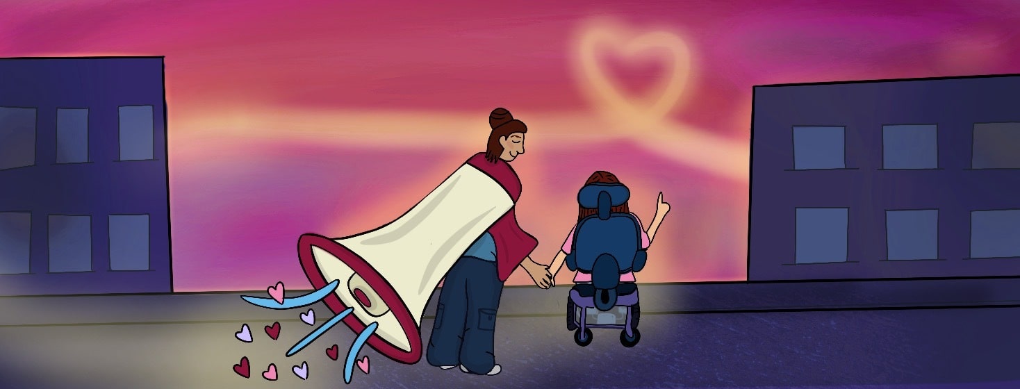 Woman with a megaphone as a cape looking at the sky with her daughter who has SMA
