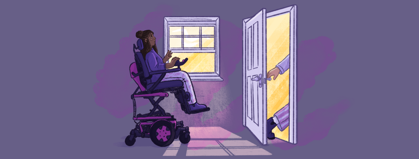 A woman in a powered wheelchair is next to a window waving goodbye as a person exist through a door closing it behind them