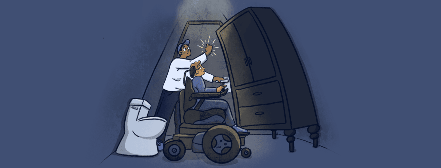 A person in a powered wheelchair is in a bathroom looking up at a tall dresser, another person is knocking on the bathroom door to be let out