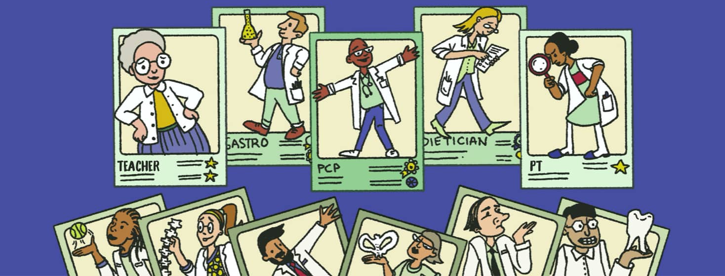 A deck of playing cards trading cards with different kinds of doctors and healthcare providers on them