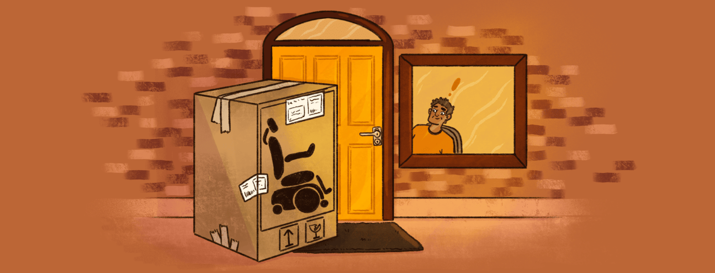 A large package with a graphic of a powered wheelchair on it sits on a doorstep; a man is looking at it from the window of the house