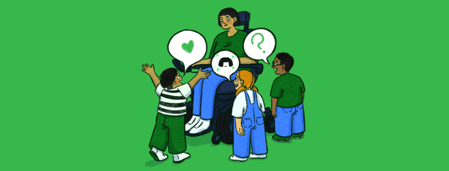 A woman in a wheelchair is surrounded by three small children with speech bubbles coming from them showing a heart, hair surrounded by sparkles, and a question mark