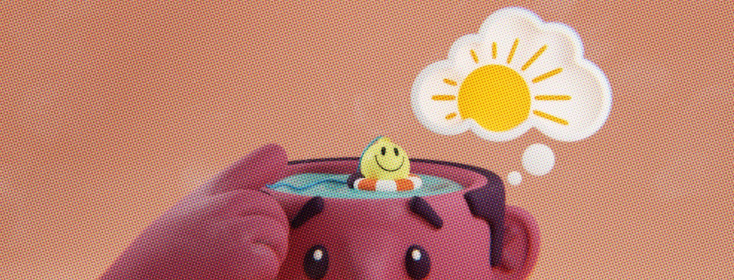 A close-up of a person's head. The top is a pool with a yellow smiley fishing bobber sitting in a life-saving device. Coming from the persons head is a thought bubble with a brightly shining sun