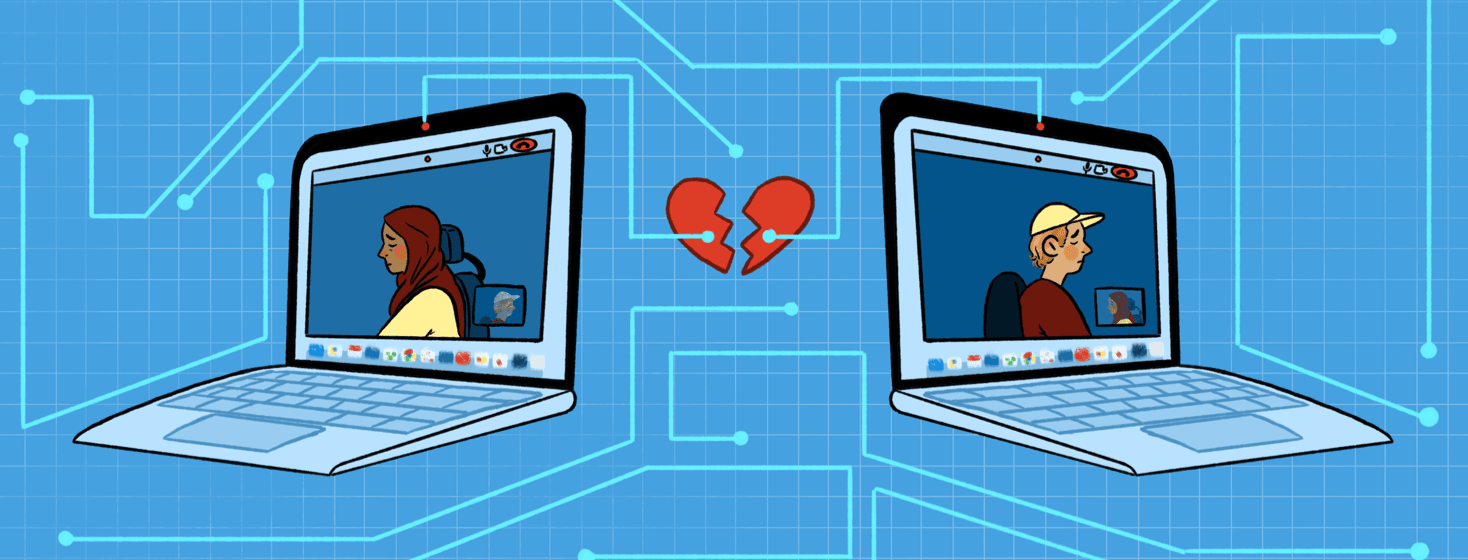 Two laptops have people video chatting and turning away from the camera, the laptops are turned away from each other slightly as circuit lines come from each computer and connect to a heart broken in two pieces between them