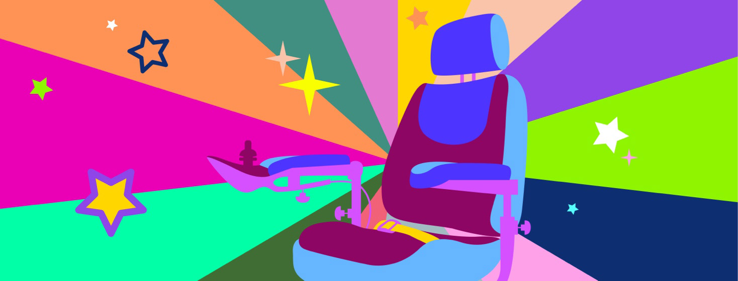 a power chair with a bright colorful start bust behind with glitter stars