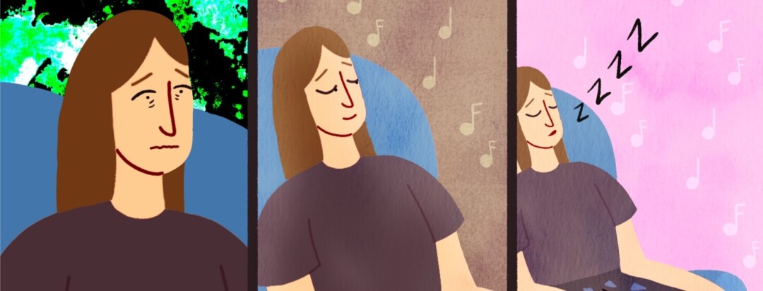 3 panels show a woman stressed out, relaxing with brown noise, and sleeping with pink noise.