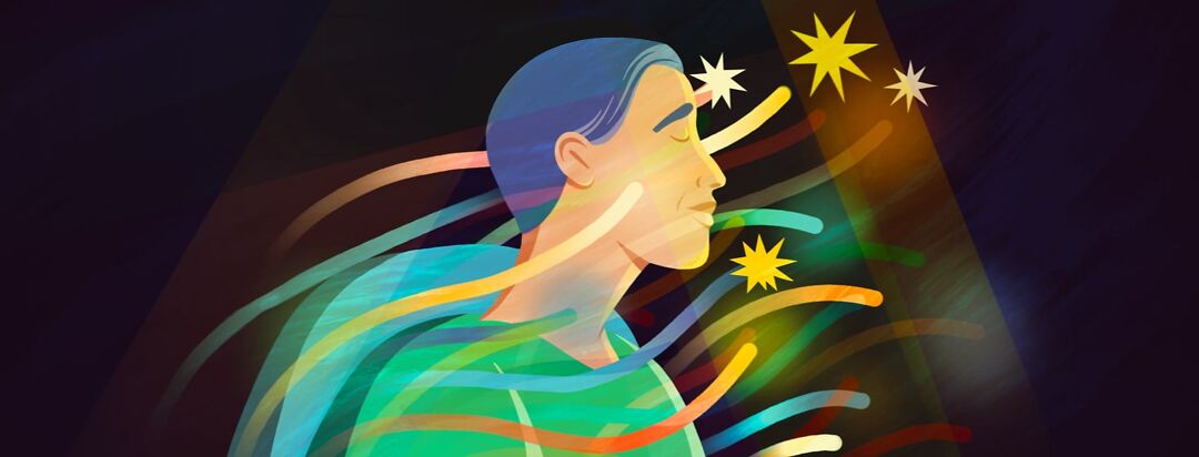 A person sits in a chair with their eyes closed while lines of colors symbolizing emotions swirl around them.