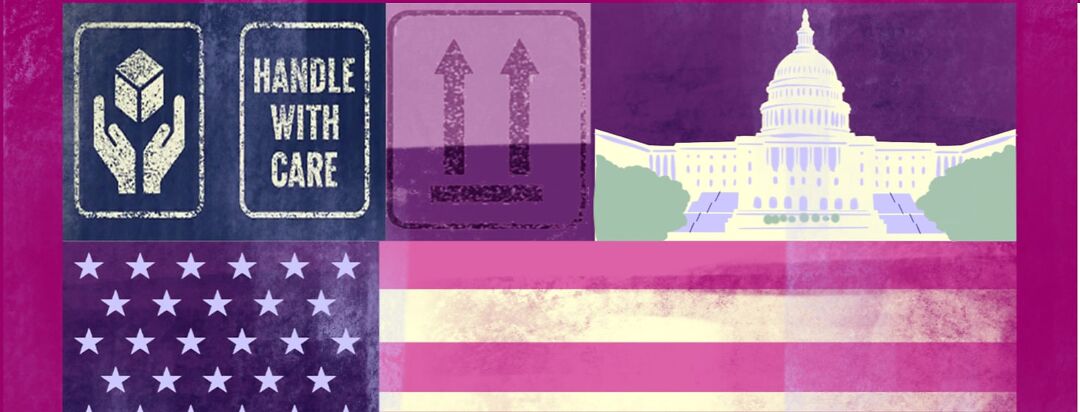 A patchwork of images including the American flag, the capital building, and fragile / handle with care stickers.