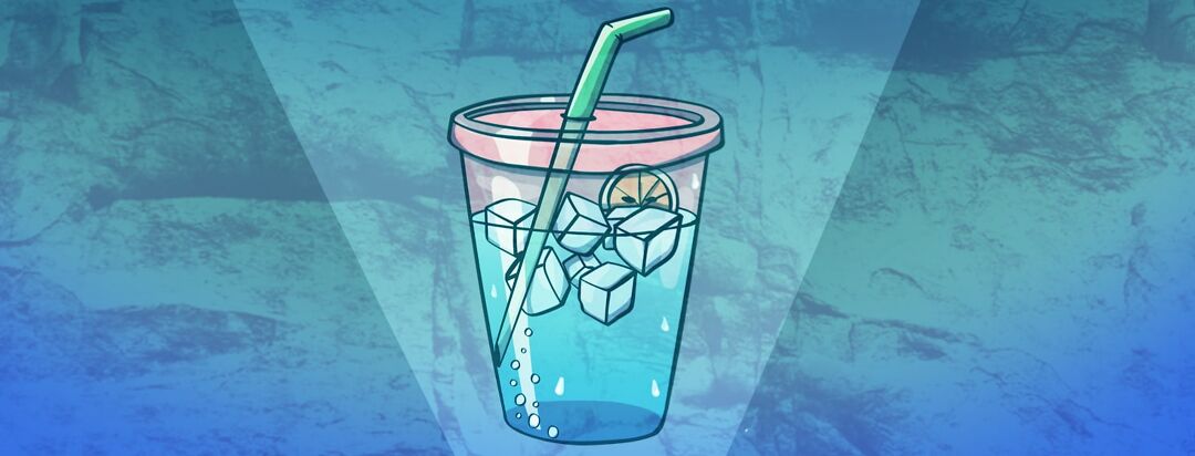 A large cup filled with ice water has a lid with a straw coming out the top.