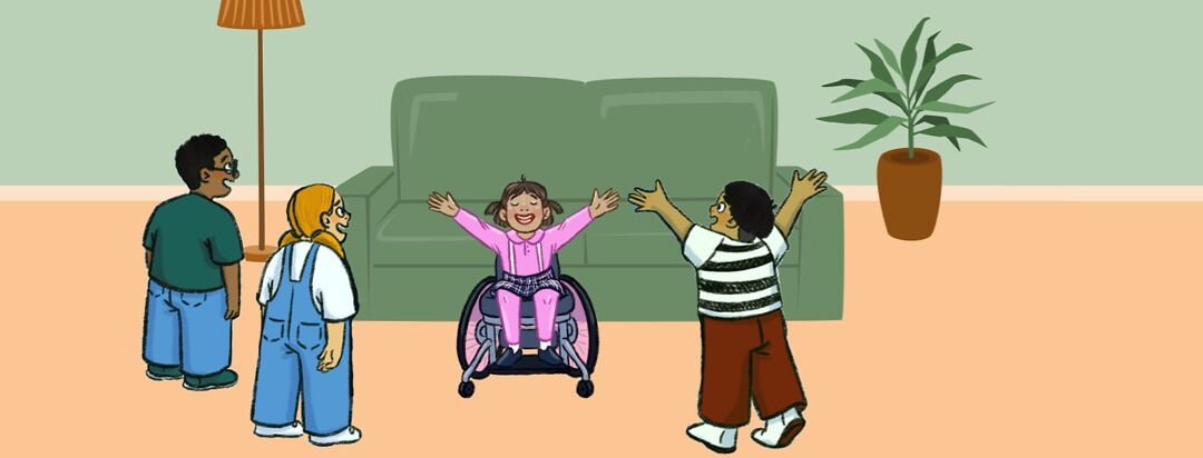 A group of siblings in a living room. One is in a wheelchair as the others gather around to play.