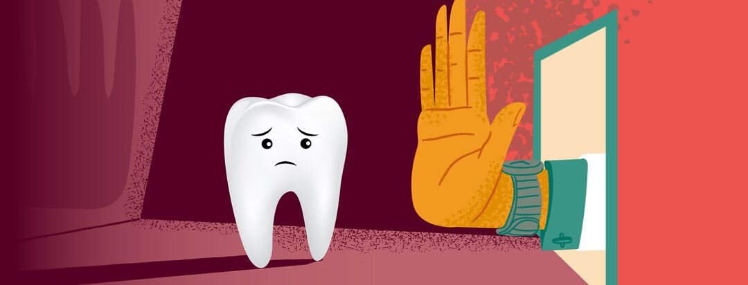 A large hand with a doctor's coat is discriminating against an upset tooth looking for help.