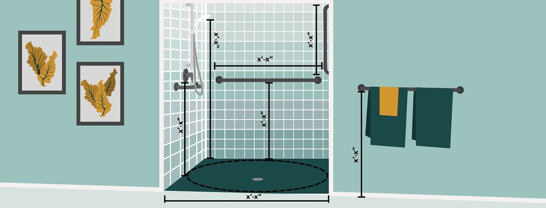 A bathroom with measurements drawn on it to design an accessible friendly shower.