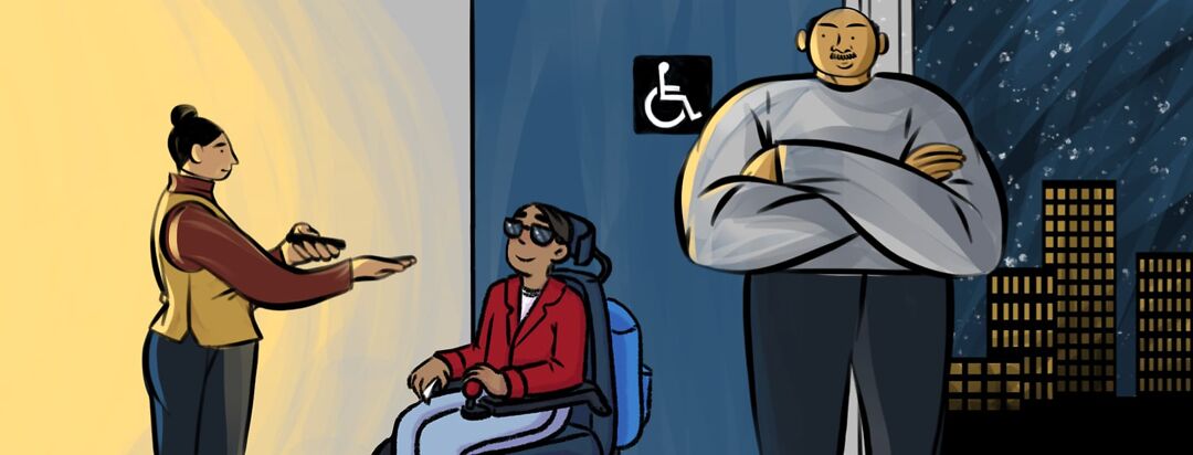 A person in a wheelchair is entering a venue through an accessible entrance. After passing by a tall bodyguard, there is a woman waiting to take their ticket.