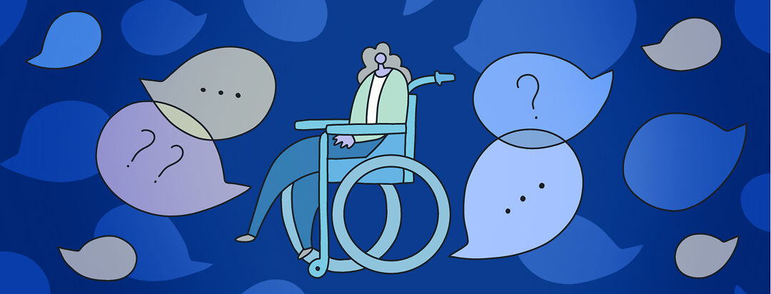 A woman sits in a wheelchair with floating dialogue bubbles surrounding her containing question marks