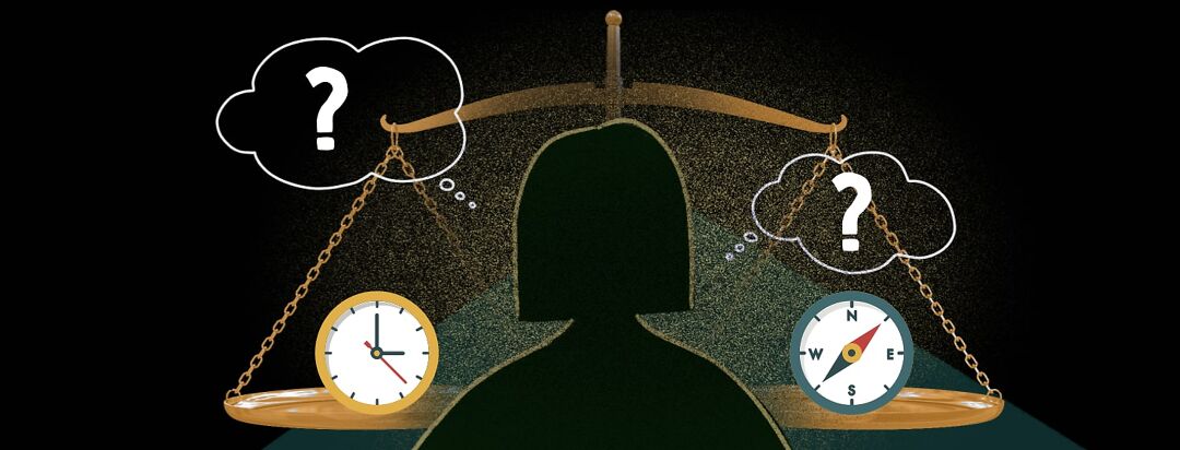 The silhouette of a woman standing in front of a scale balancing a compass and a clock on either side as thought bubbles surround her.